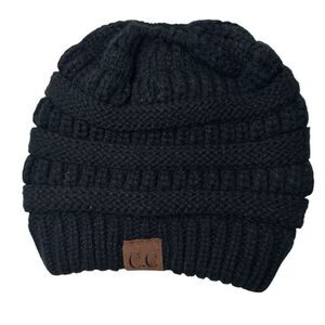 C.C. Black Cable Knit Pony Tail Hat.